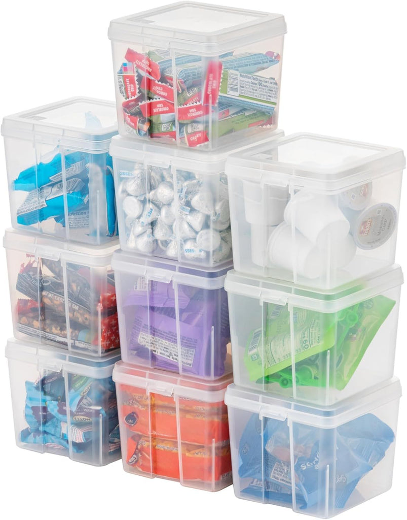 Vertical Plastic Flip Top Storage Containers Bins with Lids for Pantry, Home, Office, Organization, Small, Stackable Hinged Organizer with Latches, Clear, 10 Pack