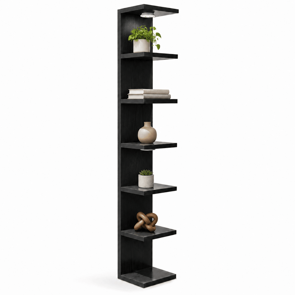 Vertical Wall Mounted Shelf, 7-Tier Narrow Wall Shelf with 2 LED Lights and Remote Control, Black Wood Display Storage Shelf for Bedroom Living Room, 76.8" H x 9.25" W x 9.85" D