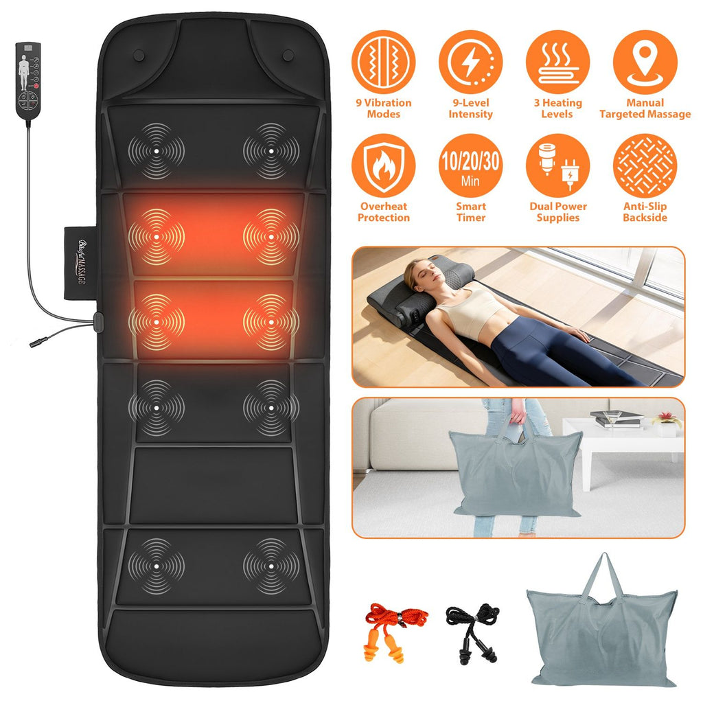 Vibration Massage Mat with Heat Full Body Massage Mattress Pad Electric Heated Massager with 10 Motors 9 Modes 9 Intensities 3 Heating Levels 3 Timer with Storage Bag Earplugs Car Charger