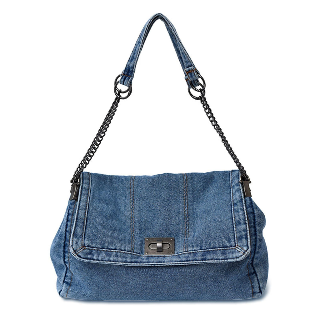 Vintage Distressed Denim Chain Underarm Bag, Large-Capacity Flap Commuter Shoulder Bag, Casual Washed Denim Tote Bag