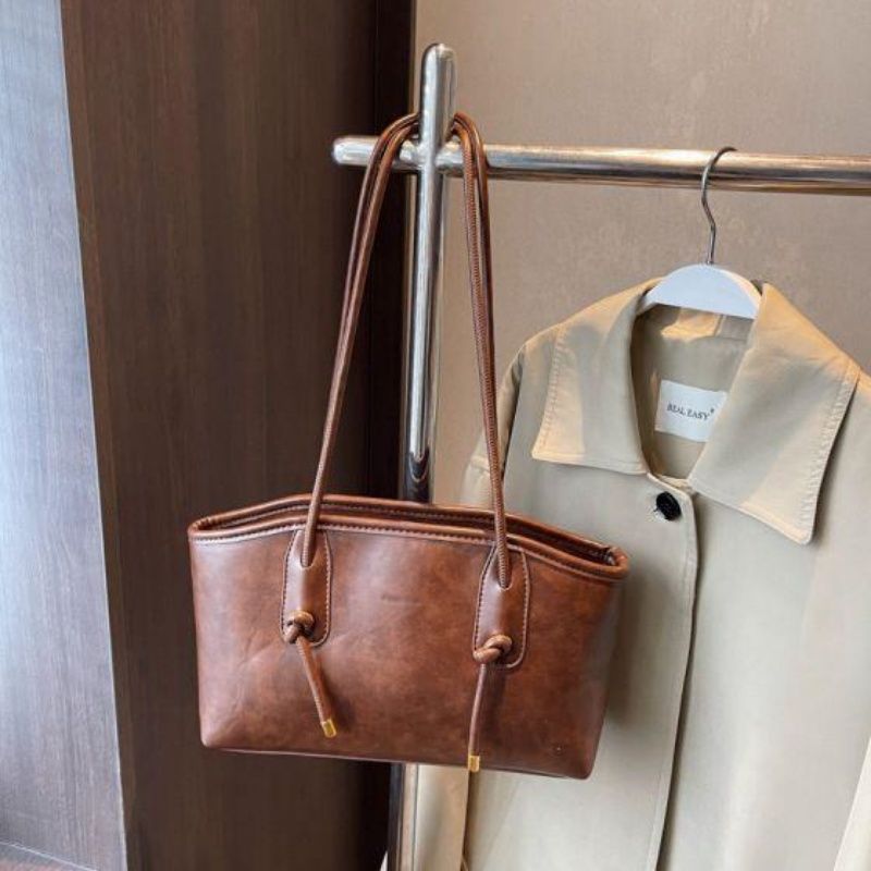 Vintage Distressed Drawstring Underarm Tote Bag, Niche Waxed Leather Commuter Shoulder Bag, Minimalist Premium Versatile Mini Handbag
