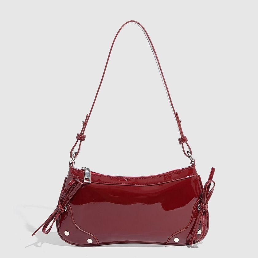 Vintage Underarm Bag with Glossy Patent Leather, Versatile Burgundy Bow & Rivets, Compact Commuter Shoulder Bag