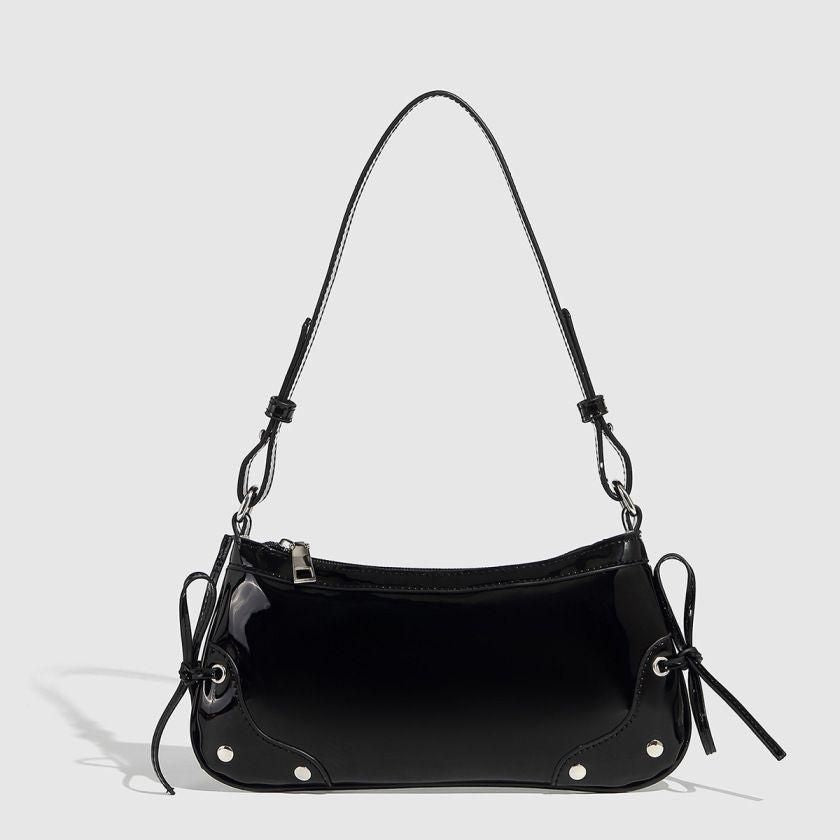 Vintage Underarm Bag with Glossy Patent Leather, Versatile Burgundy Bow & Rivets, Compact Commuter Shoulder Bag
