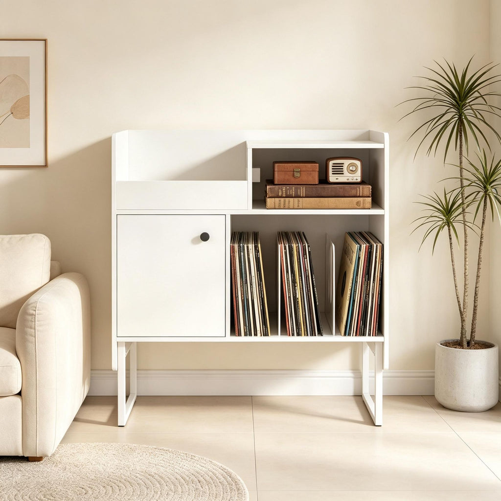 Vinyl Record Player Stand with Power Outlets And Storage for up to 250 Albums - Compact Music Lover's Organizer