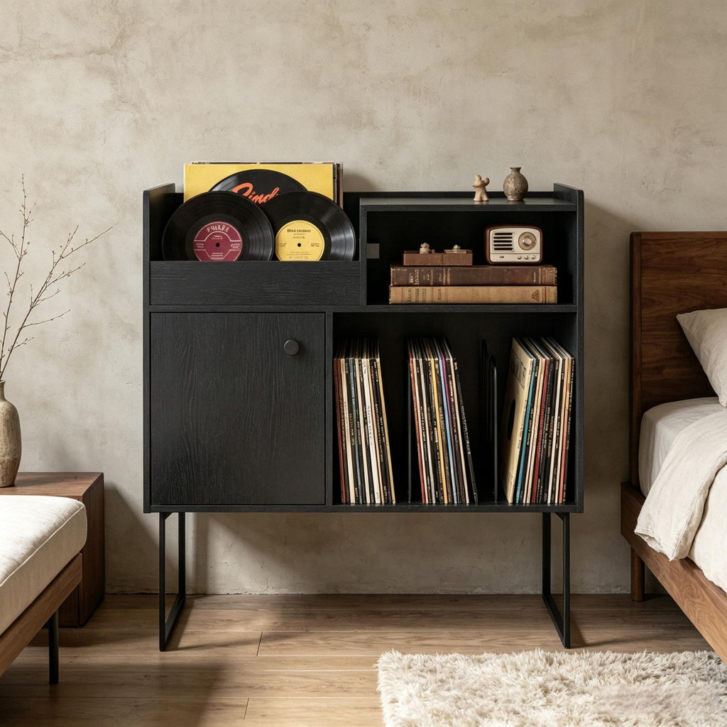 Vinyl Record Player Stand with Power Outlets And Storage for up to 250 Albums - Compact Music Lover's Organizer