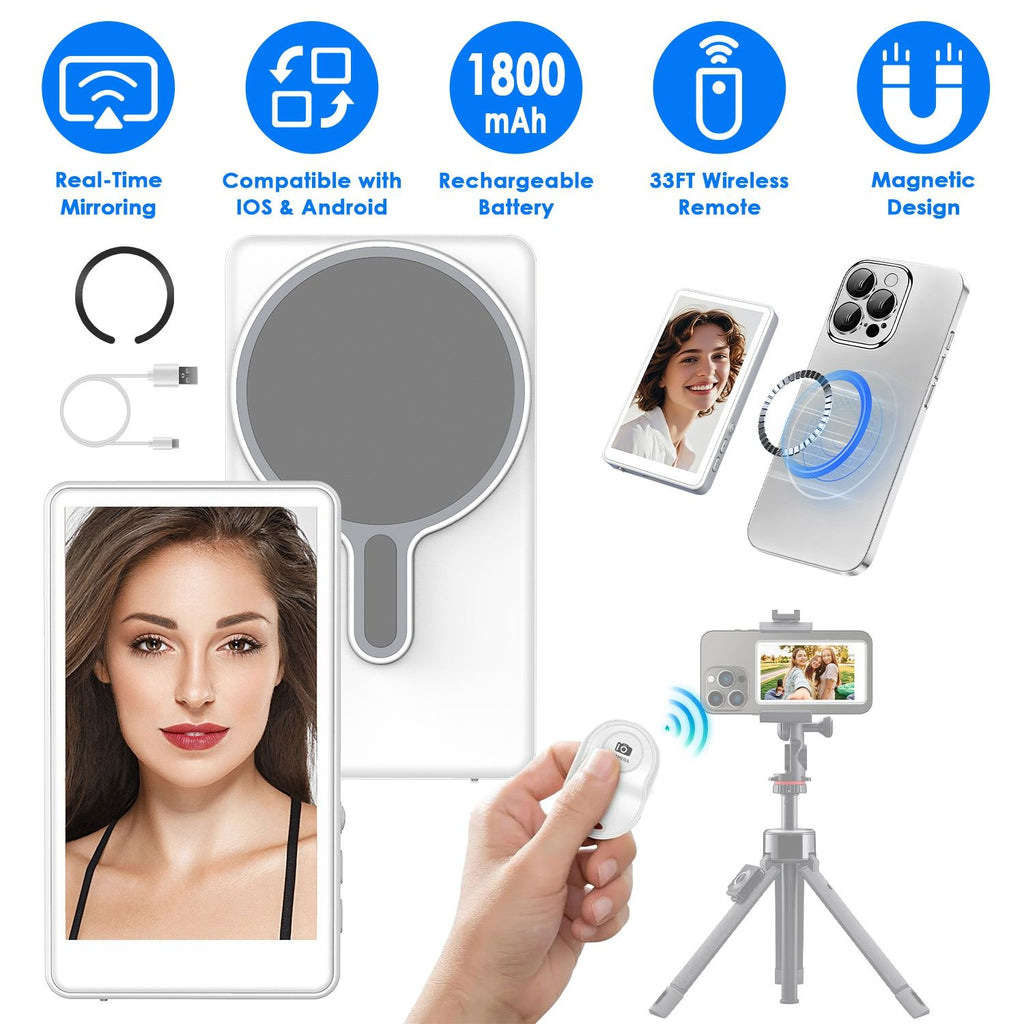 Vlog Selfie Monitor Screen Magnetic Rear Camera Phone Monitor Wireless Selfie Monitor Screen with 33FT Remote for Vlog Live Stream Compatible with IOS Android