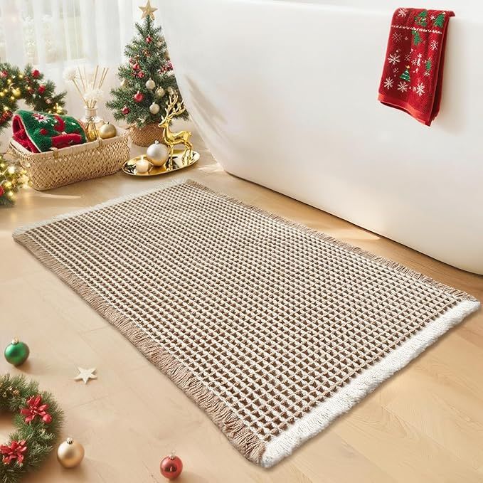 Waffle Bath Mat - Boho Bathroom Rugs Non Slip Washable, Super Absorbent & Quick Dry, Small Bath Mats Farmhouse Bathroom Decor, 18'' x 30'', Khaki and White