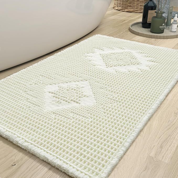 Waffle Bathroom Runner Rug, Super Absorbent Bath Mat, Machine Washable Non Slip Bath Rug with Tassels, Soft Bathroom Mat for Laundry Room Bedside Hallway, Cream White 17"x39"