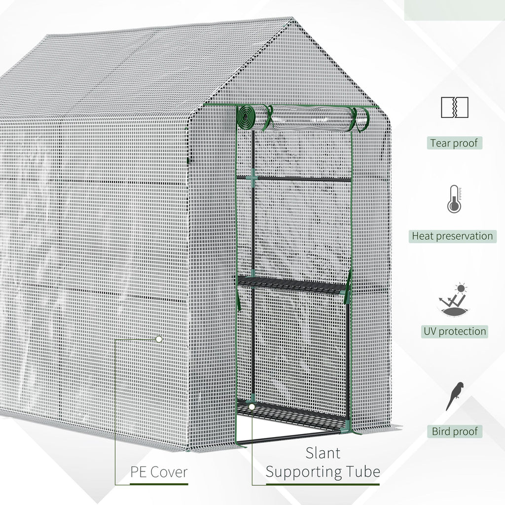 Walk-in Greenhouse, Outdoor Portable Green House with 4 Shelves, Plant Flower Growing Warm House with Roll-up Door, White