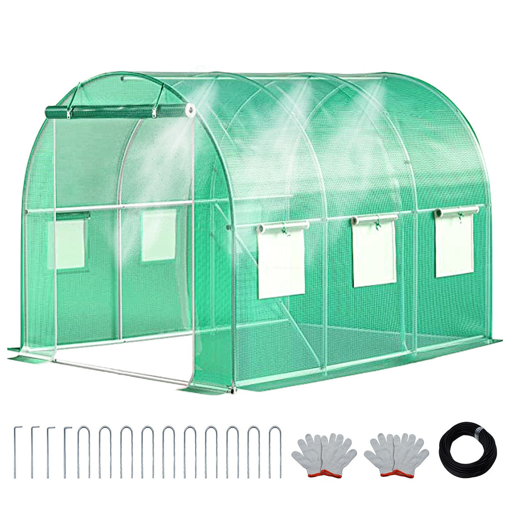 Walk-in Tunnel Greenhouse with Watering System Heavy Duty Portable Green House Protect Gardening Plants 1 Zipper Mesh Door, 8 Roll-up Windows, Thickened galvanised steel