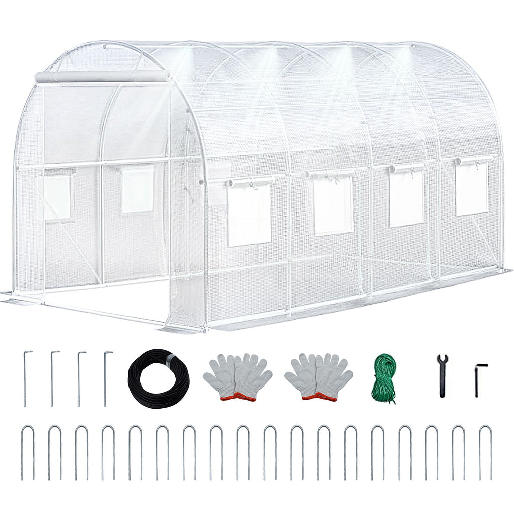 Walk-in Tunnel Greenhouse with Watering System Heavy Duty Portable Green House Protect Gardening Plants 1 Zipper Mesh Door, 8 Roll-up Windows, Thickened galvanised steel