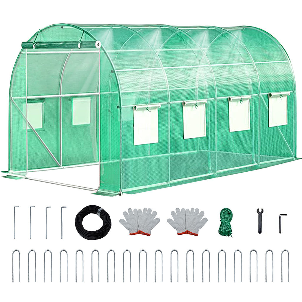 Walk-in Tunnel Greenhouse with Watering System Heavy Duty Portable Green House Protect Gardening Plants 1 Zipper Mesh Door, 8 Roll-up Windows, Thickened galvanised steel