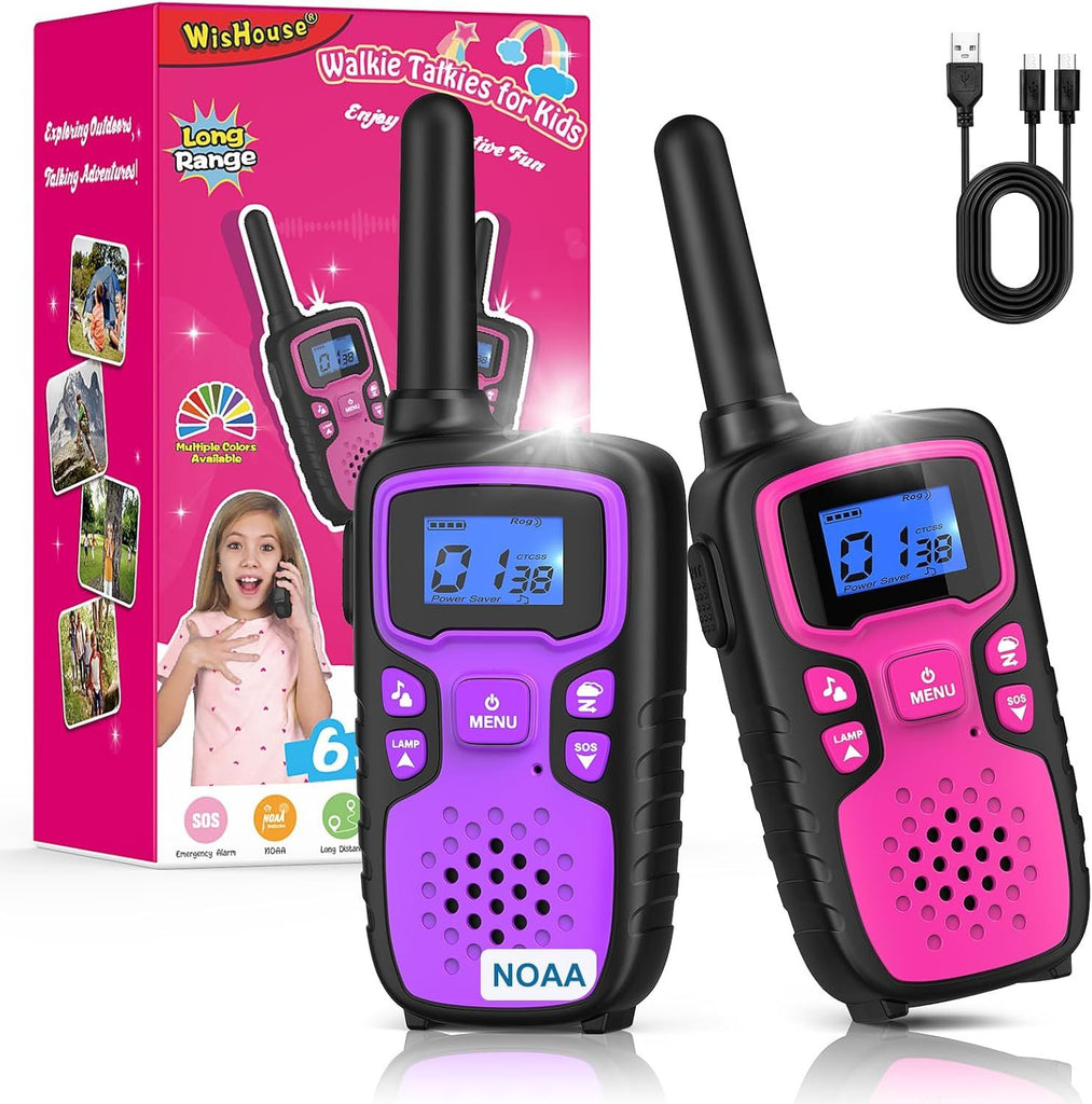 Walkie Talkies for Kids Rechargeable Long Range,Xmas Birthday Gift for 4 5 6 7 8 9 Year Old Girls,Hiking Gear Camping Games Cool Toys with NOAA,SOS Siren,Lamp,Lanyards,Easy to Use,2 Pack