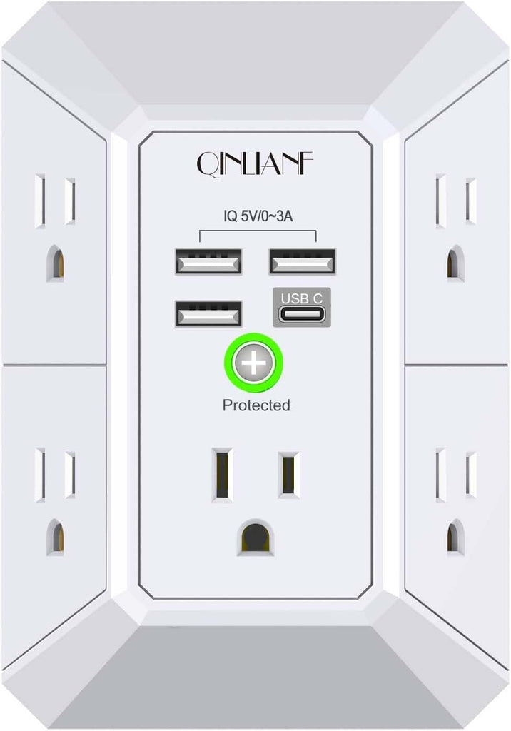 Wall Charger, Surge Protector, QINLIANF 5 Outlet Extender with 4 USB Charging Ports, 3-Sided 1680J Power Strip Multi Plug Adapter Spaced for Home Travel Office