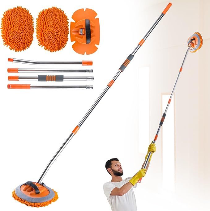 Wall Cleaner Mop with 56' Long Handle,15°Labor-Saving Elbow,Multi-Surface Duster for Painted Walls,Floor,Baseboard & Windows, Includes 2 Replaceable Microfiber Chenille Pads (Orange)