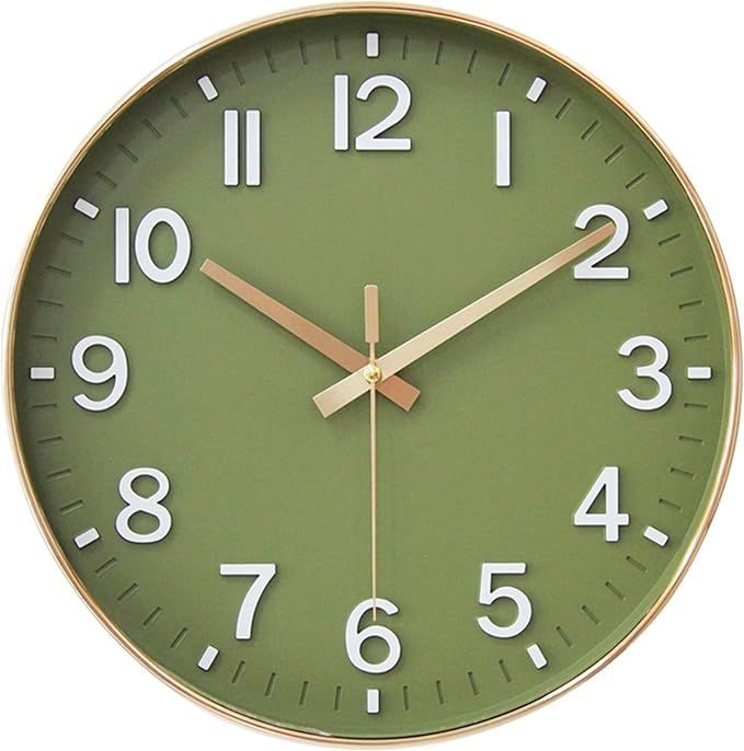 Wall Clocks Battery Operated,Wall Clock Green Gold,8 inch Wall Clock Silent Non Ticking Modern 3D Numbers for Kitchen Bedroom Living Room Office Classroom Decor