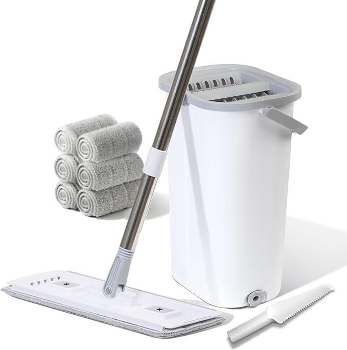 Wall Floor Mop Kit: Long Handle Scrubber with Wringer Bucket Washable Microfiber for Kitchen Bathroom & Hardwood - Women's All-Purpose Cleaning Tools