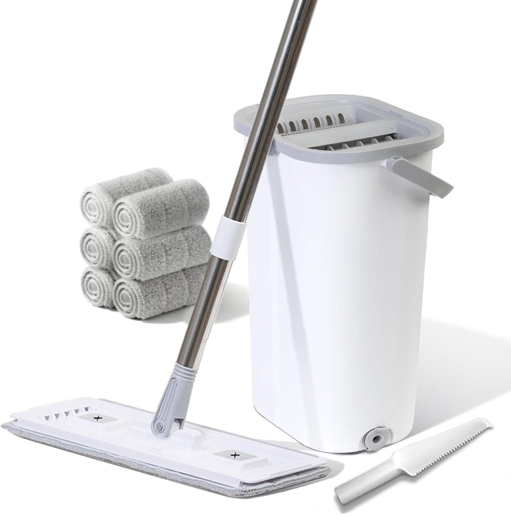 Wall Floor Mop Kit: Long Handle Scrubber with Wringer Bucket Washable Microfiber for Kitchen Bathroom & Hardwood - Women's All-Purpose Cleaning Tools