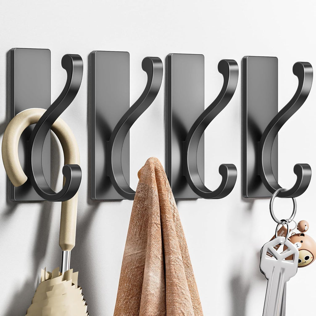 Wall Hooks Coat Hooks Black, 4 Pack Self Adhesive Hook for Clothes, Towel, Keys, Heavy Duty Hooks for Door, Kitchen, Bathroom, Shower, Rental Houses, Hold 13lbs.