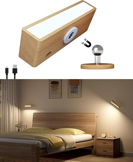 Wall Lights Battery Operated Wooden,Magnetic Wall Sconces Rechargeable,Adhesive Wall Lights for Bedroom,Dimmable Wall Mounted Bedside Lamp,Cordless Battery Wall Sconce for Bedroom Reading