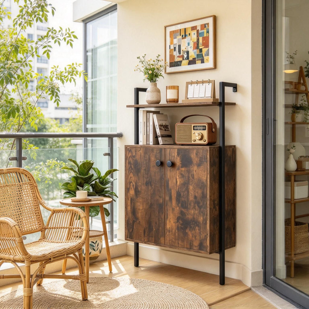Wall Mount Bookshelf with Storage Cabinet 2-Door Organizer for Living Room Bedroom Office