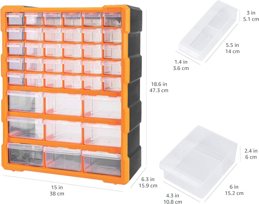 Wall Mount Hardware and Craft Storage Cabinet Organizer with 39 Drawers, Plastic Garage Organization System with Dividers for Small Parts, Black, Orange, 15" x 6.3" x 18.6"