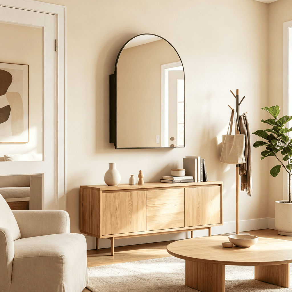 Wall-Mounted Brushed Metal Storage Cabinet with Arched Mirror And Adjustable Shelves for Home Organization