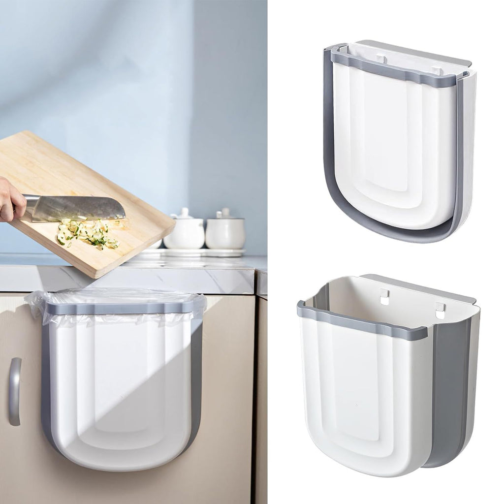 Wall Mounted Foldable Trash Can for Kitchen Cabinet - 2.4 Gallon Hanging Small Waste Bin,Plastic Collapsible Garbage Can for Bathroom, Bedroom Counter
