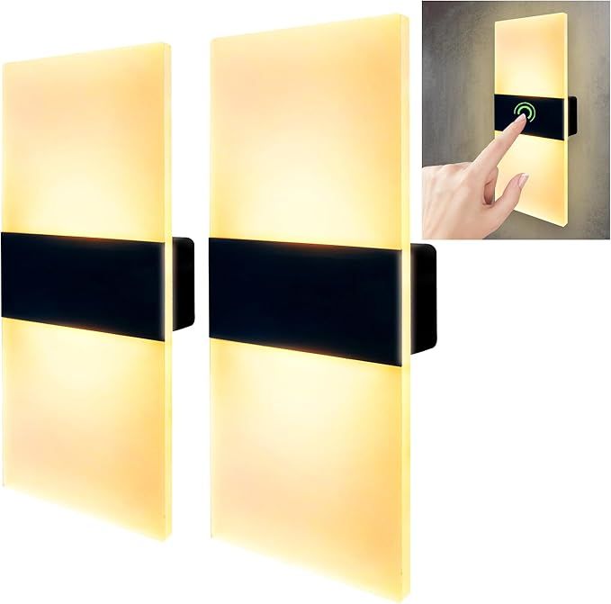 Wall Sconces Sets of 2, Wall Lamp with White Frosted Glass Shade, Acrylic Rechargeable Wall Sconce, LED Touch Control Wall Light, Wall Lamps for Bedroom Living Room Kitchen Hallway (Warm Light)