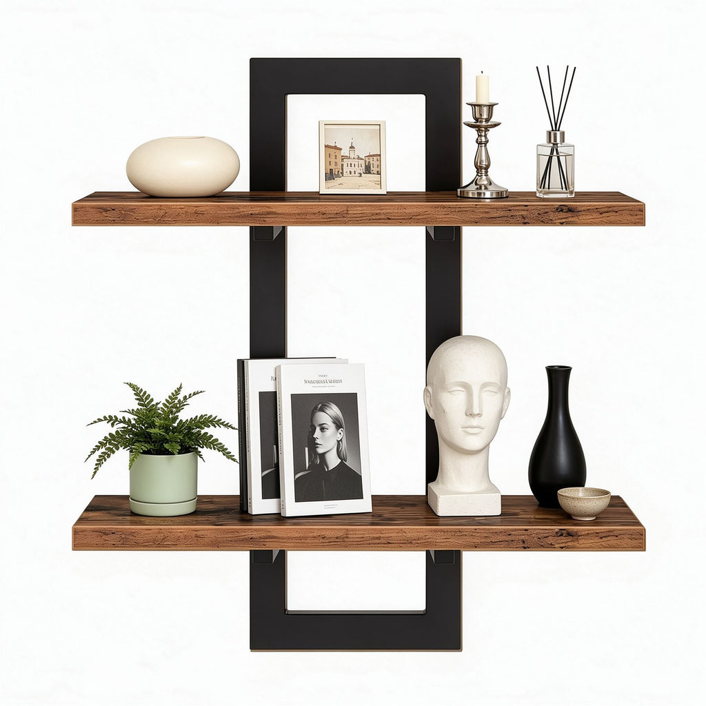 Wall Shelves of 2-Tier Floating Shelves, Rustic Brown Wood & Black metal supports Design