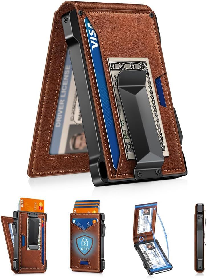 Wallet for Men RFID Wallet with 2 ID Windows & Money Clip, Slim Pop Up Card Holder for 10-12 Cards, Bifold Minimalist Smart Wallet for Front Pocket, Compact Metal Credit Card Holder, Gifts for Men