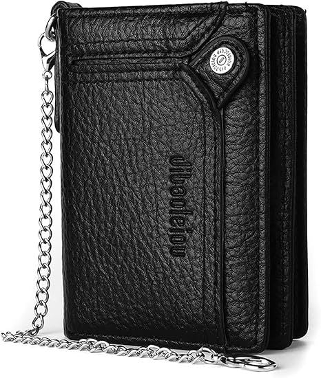 Wallet with Chain for Men Faux Leather Bifold Wallet Zipper Coin Pocket Purse Double Anti-Theft Chain Mens Gift