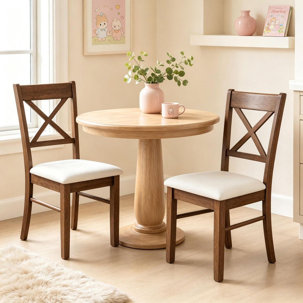 Walnut Dining Chairs Set of 2 Upholstered Kitchen Chairs Rubberwood Frame Padded Seat X-Back Design for Home Furniture