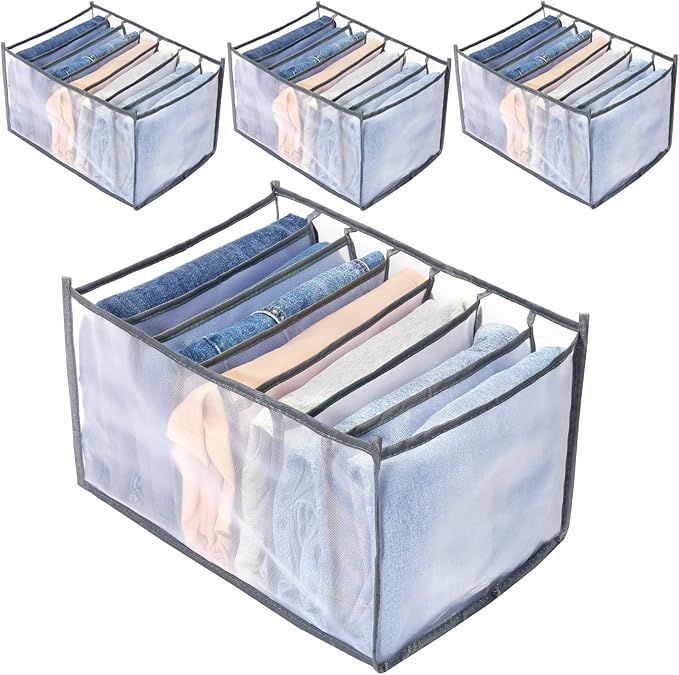 Wardrobe Clothes Organizer, 7 Grids, Drawer Organizers for Clothing, Foldable Closet and Storage Basket, Clothes Compartment Box, Bedroom Dorm Room, 4PCS, Gray