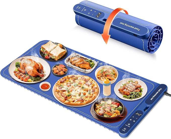 Warming Mat for Food Extra Large 32"x15", Electric Silicone Food Warmer Trays for Chafing Dishes & Buffet, Portable Countertop Food Warmers for Parties, 7-Level Temp 8-Hour Timer Blu