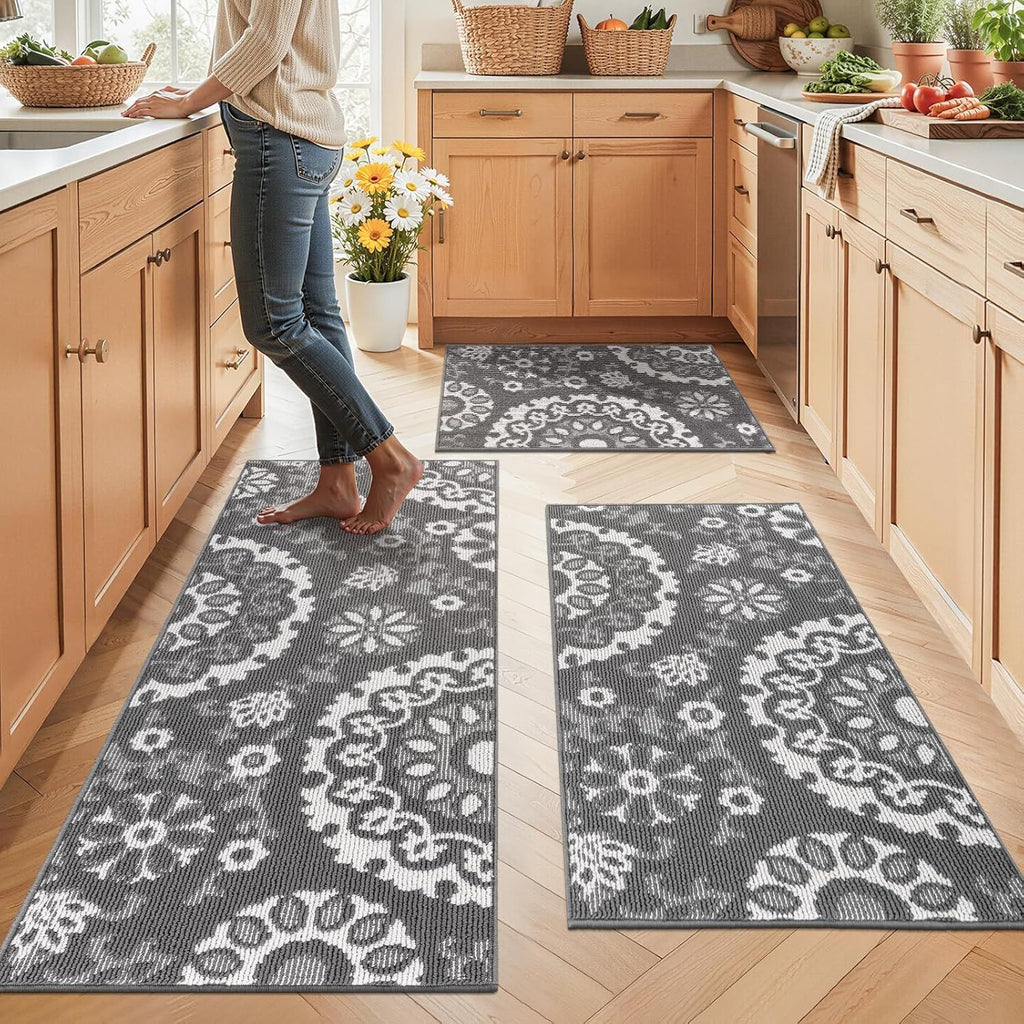 Washable Kitchen Rug Sets of 3, Non Slip Kitchen Mats for Floor, High-Low Textured Kitchen Runner Rugs Absorbent Stain Resistant Floor Carpet for Hallway, Laundry, Sink (Grey, 2x3+2x4+2x5ft)