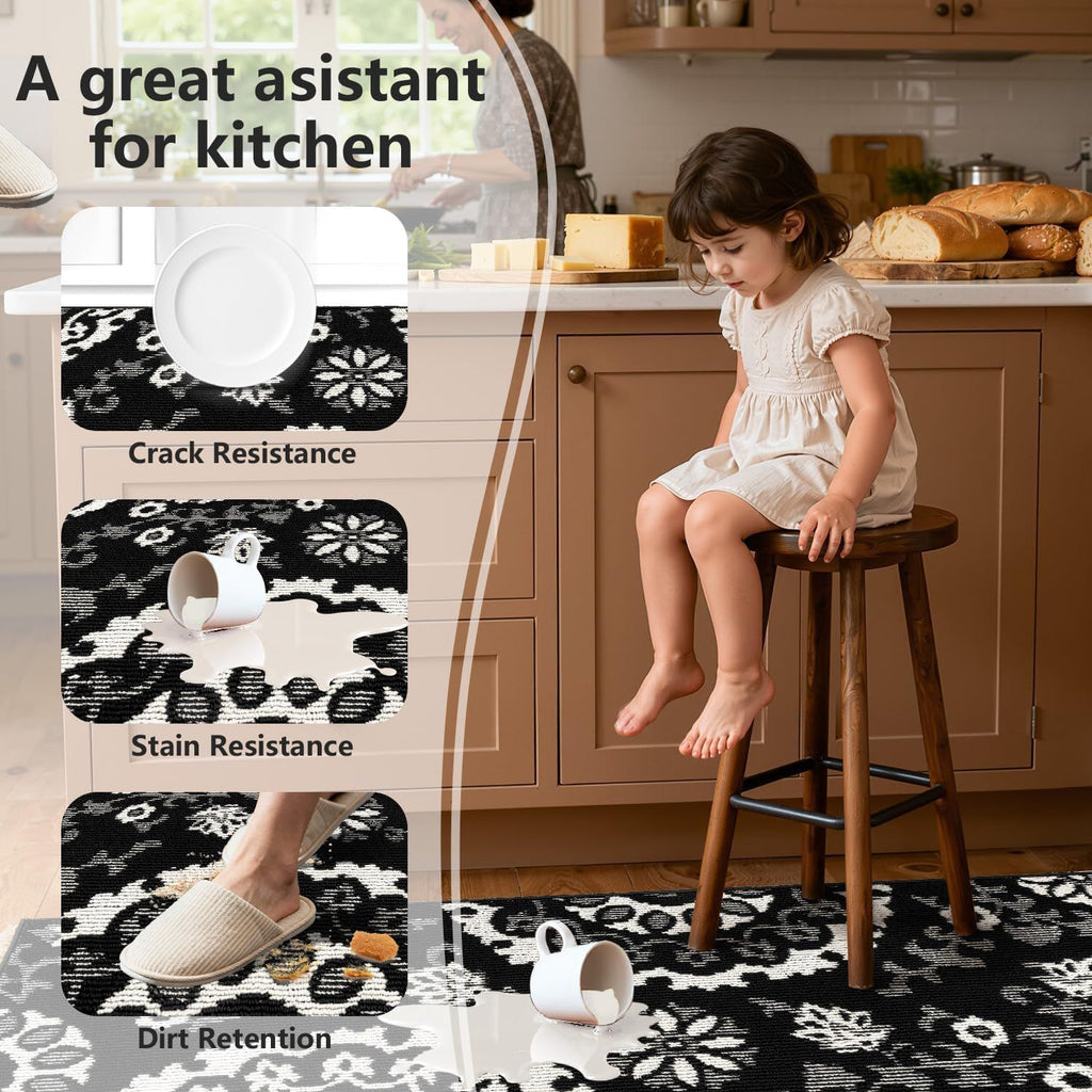 Washable Kitchen Rug Sets of 3, Non Slip Kitchen Mats High-Low Textured Kitchen Runner Rugs Stain Resistant Absorbent Floor Carpet for Hallway, Laundry, Sink (Black, 2x3+2x4+2x5)