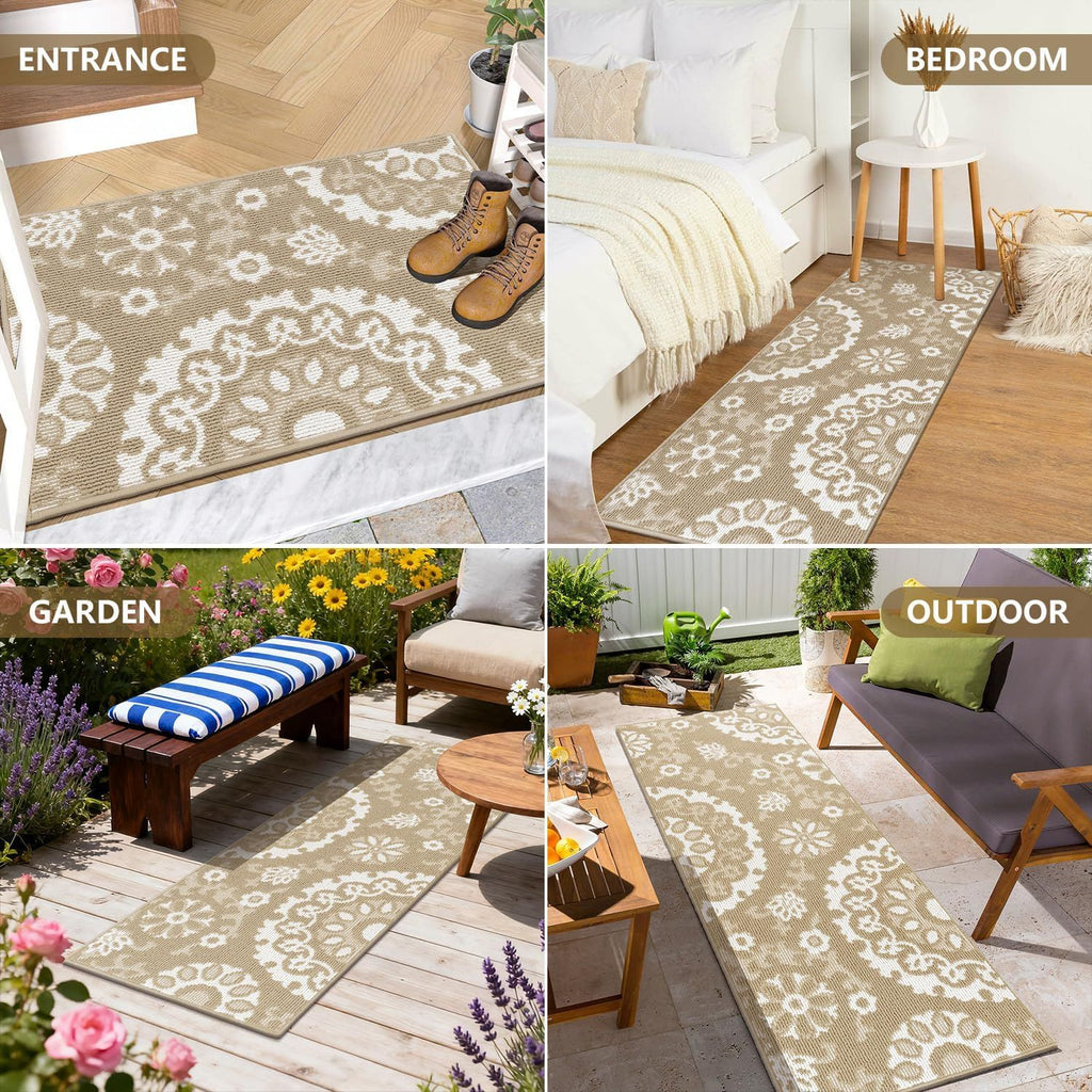 Washable Kitchen Rug Sets of 3, Non Slip Kitchen Mats with Rubber Backing, High-Low Textured Kitchen Runner Medallion Stain Resistant Absorbent Carpet for Hallway, Laundry, Sink (Beige)