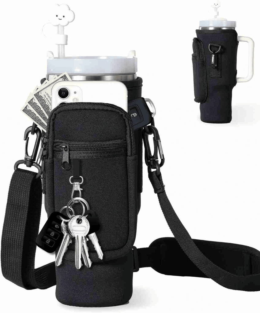 Water Bottle Carrier Bag with Phone Pocket for Stanley Tumbler Neoprene Water Bottle Holder Pouch with Adjustable Strap Bollus with Straw Cover & Carabiner for Stanley Cup Accessories