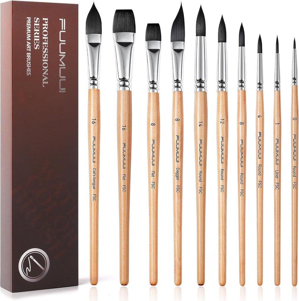 Watercolor Brush Set, 10pcs Professional Synthetic Squirrel Paint Brushes for Artists