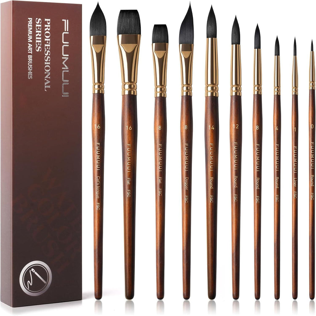 Watercolor Brushes Professional,  10Pcs Synthetic Squirrel Hair Water Color Paint Brush Set for Artists