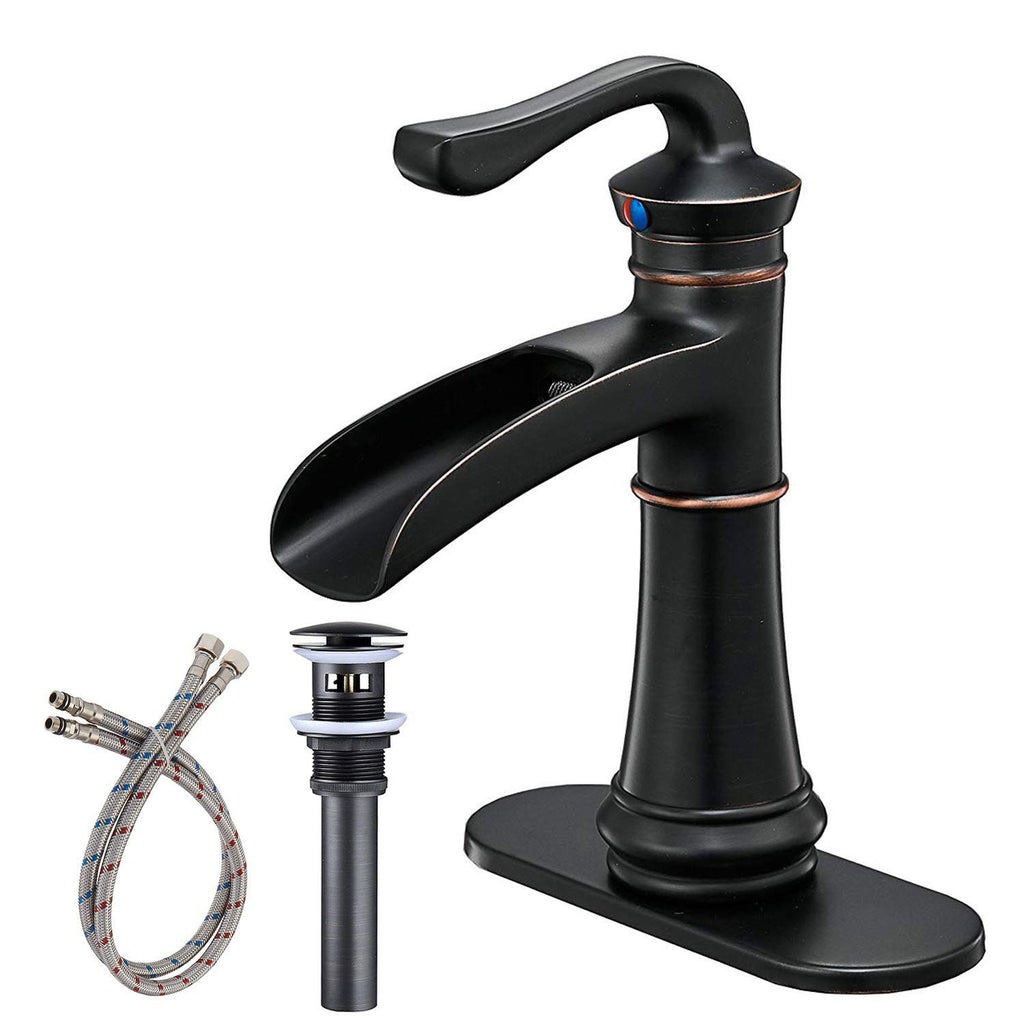 Waterfall Single Hole Single-Handle Low-Arc Bathroom Faucet With Pop-up Drain Assembly