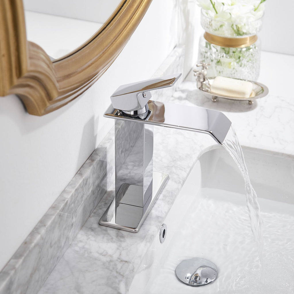 Waterfall Single Hole Single-Handle Low-Arc Bathroom Faucet With Supply Line and Escutcheon Polished Chrome and Brushed Nickel
