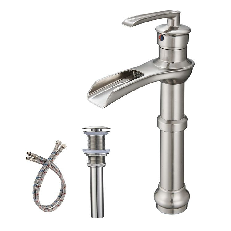 Waterfall Single Hole Single-Handle Vessel Bathroom Faucet With Drain Assembly in Brushed Nickel
