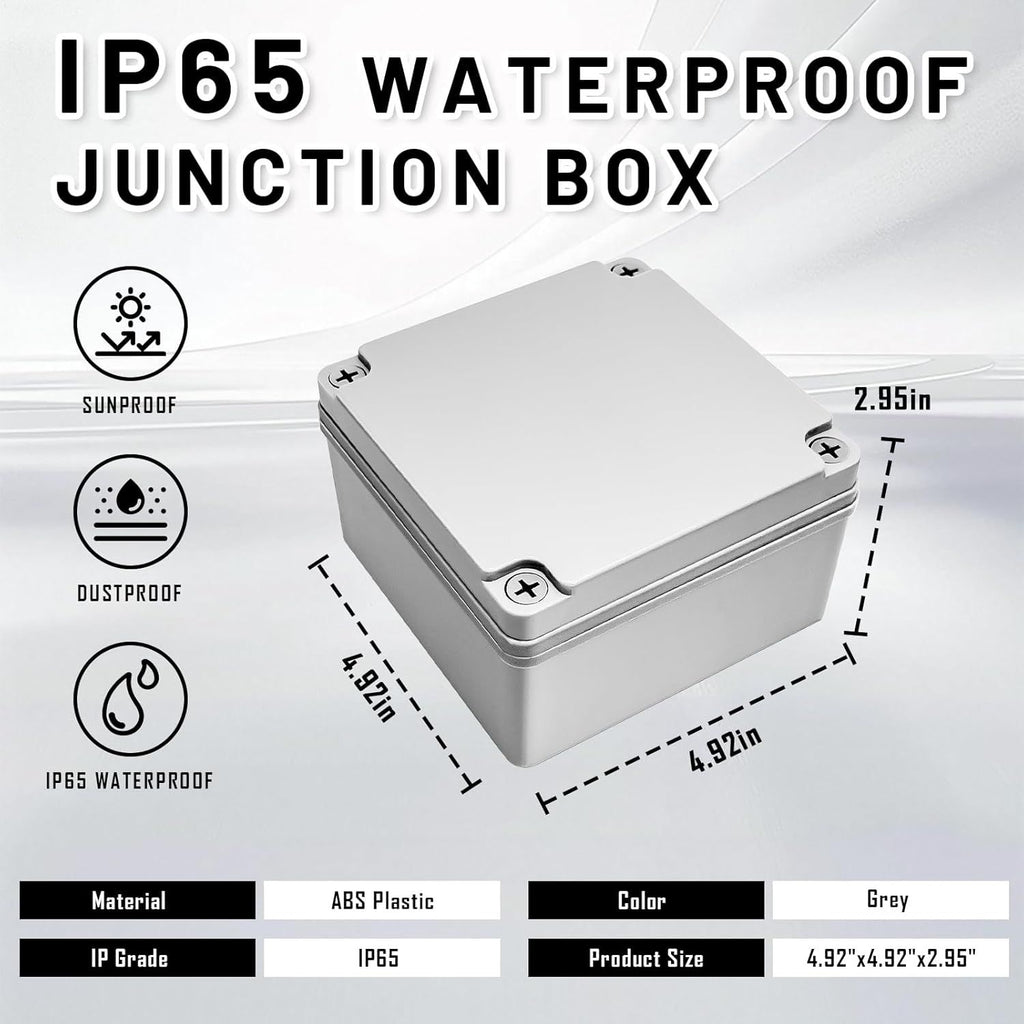 Waterproof Electrical Box 4.92"x4.92"x2.95"D ABS Plastic Enclosure Project Box Dustproof Waterproof IP65 Outdoor/Indoor Electrical Junction Box