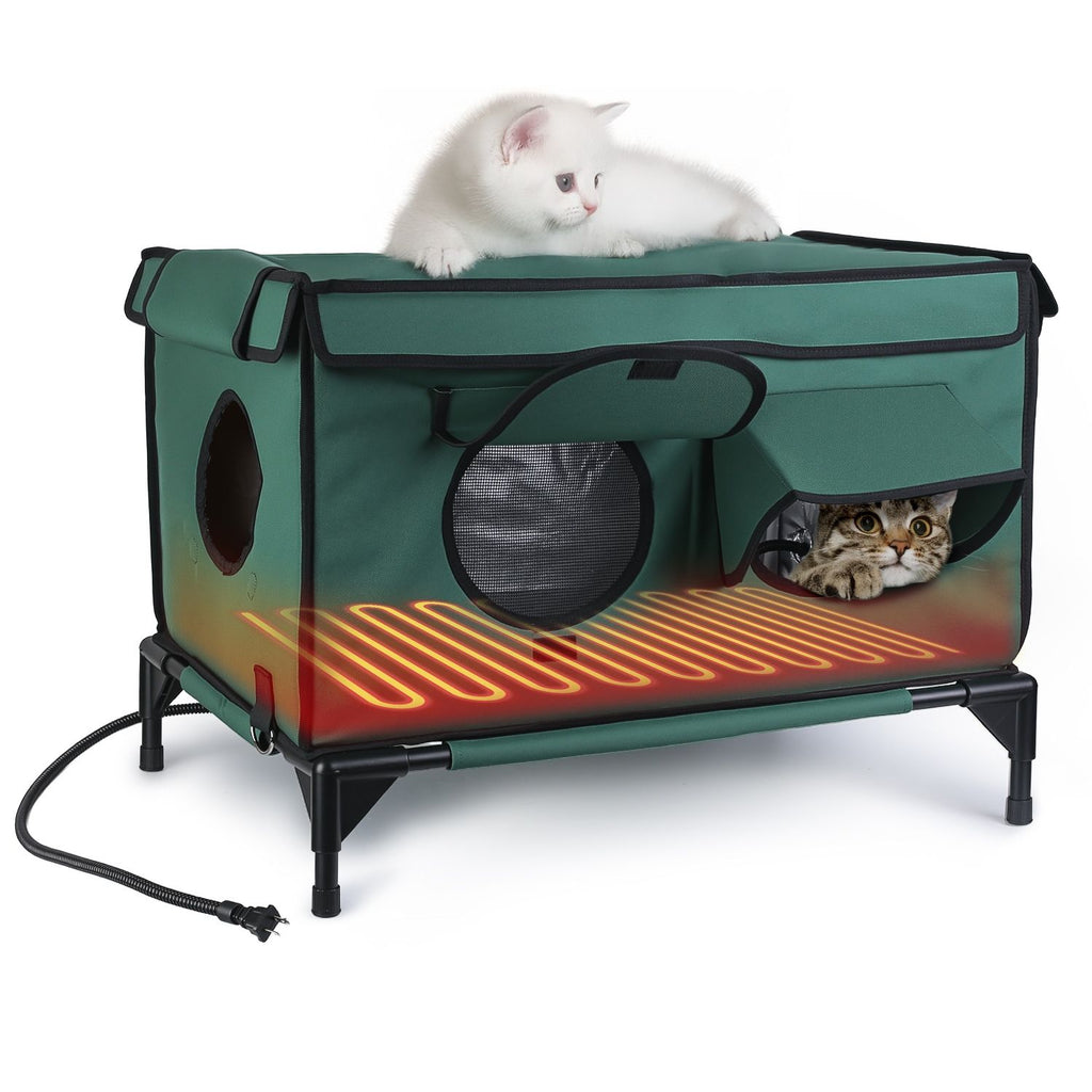Waterproof Heated Cat House Outdoor Weatherproof Insulated Kitty Shelter Feral Cat Heating Bed with Heating Pad Anti-Chew Cord 2 Doors 3 Windows for Indoors Outdoors Winter Summer