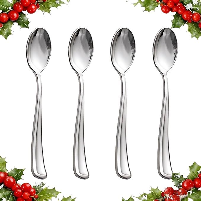 WDF 100 Pack Silver Plastic Spoons Disposable - 6.9 Inch Silver Spoons Heavy Duty Plastic Spoons, Modern Silver Disposable Spoons Perfect for Christmas Parties, Weddings