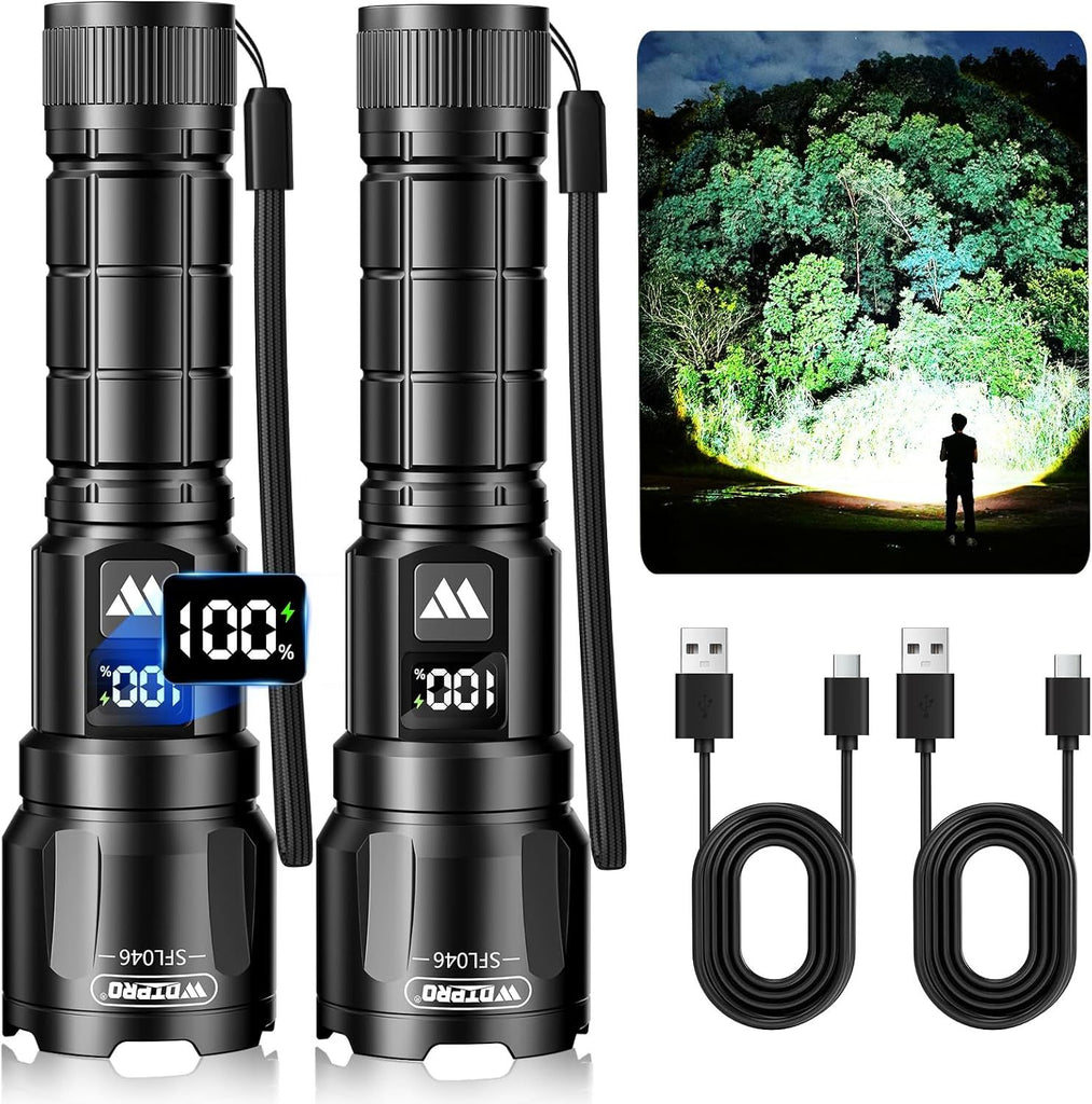 Wdtpro LED Rechargeable Flashlights High Lumens 2Pack, 6000LM Super Bright Flashlight, Zoomable Powerful Camping Flashlights with LCD Digital Display, 3 Modes Waterproof Flash Light for Home Emergency