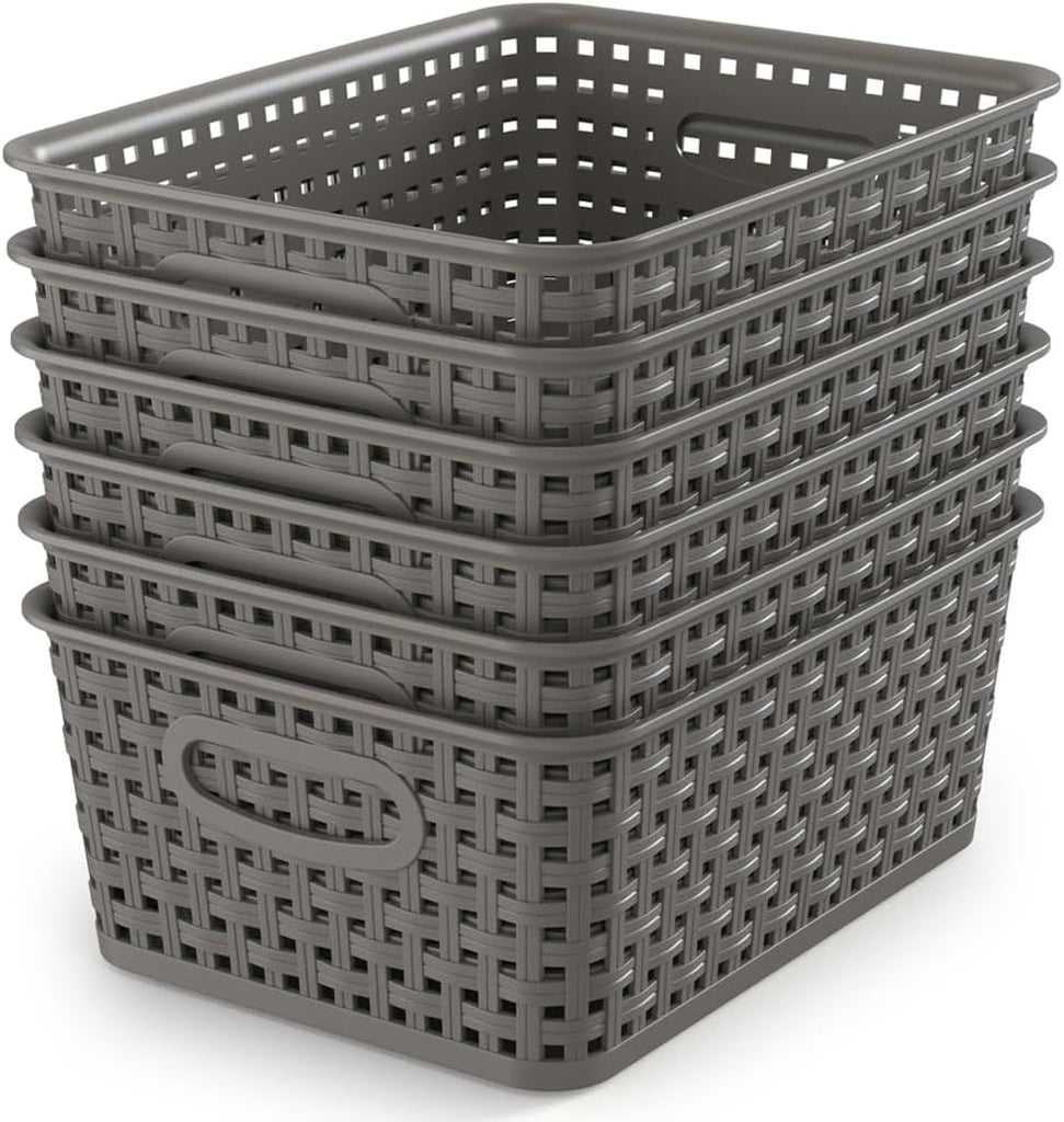 Weave Storage Organizer Baskets, Grey 6-Pack Plastic Woven Baskets, 10.1" x 7.55" x 4.1"