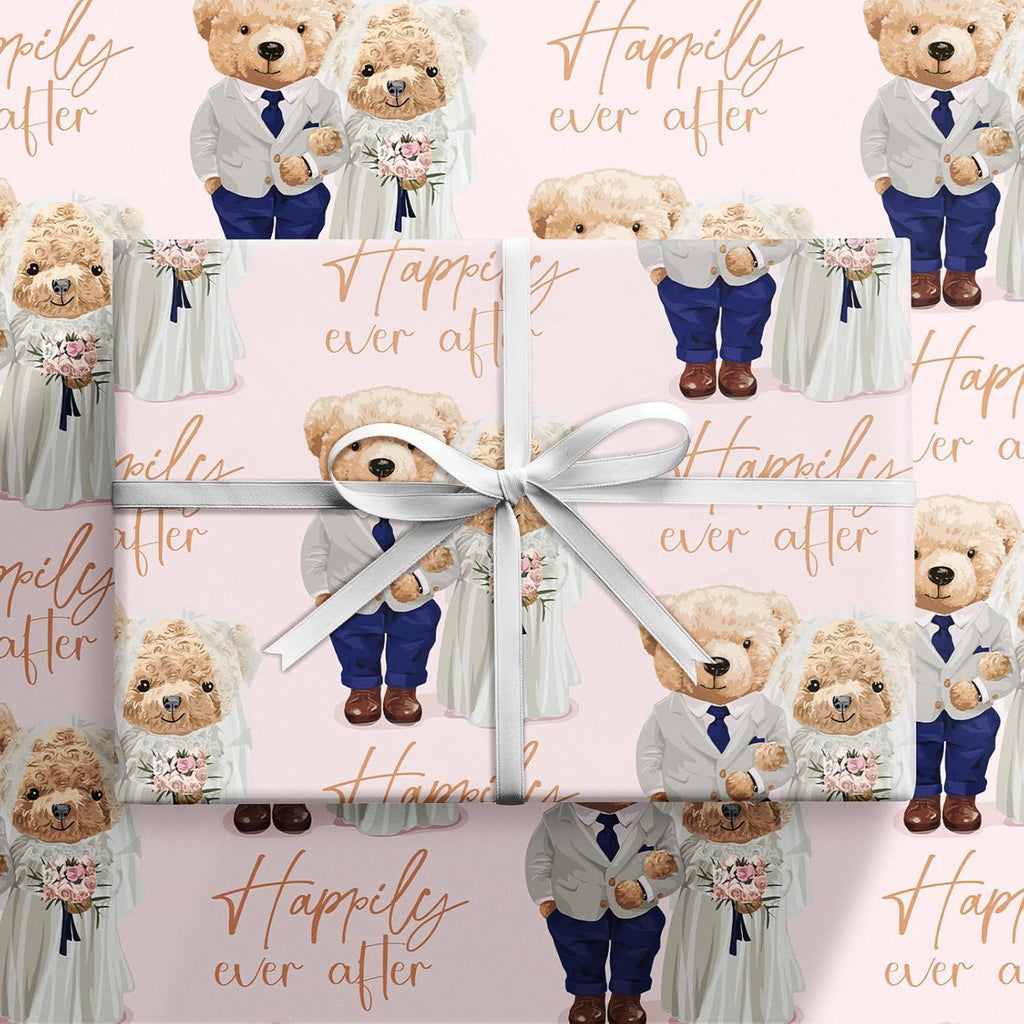 Wedding Wrapping Paper Roll for Couples, Mini Roll, Adorable Bear with Happily Ever After Design, Cute Pink Gift Wrap for Wedding, Bridal Shower, Anniversary, 17 Inches x 16.4 Feet